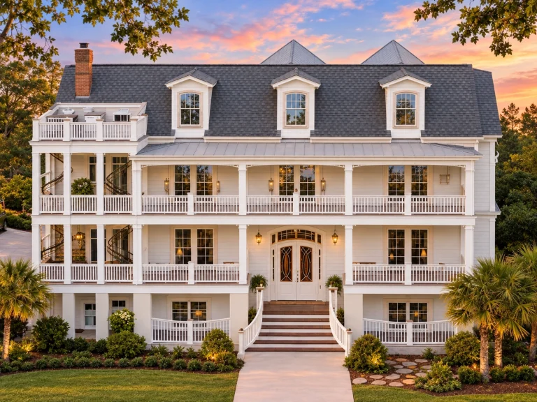 Contemporary House Plans 22 Front exterior view of a Low Country Charleston-style coastal home featuring white clapboard siding, double stacked porches, symmetrical facade, and metal roof