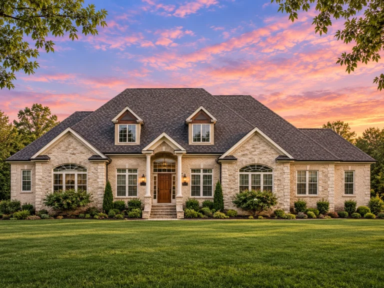 Front elevation of a Traditional Transitional style home featuring stone and horizontal siding, gabled rooflines, and red front door entry