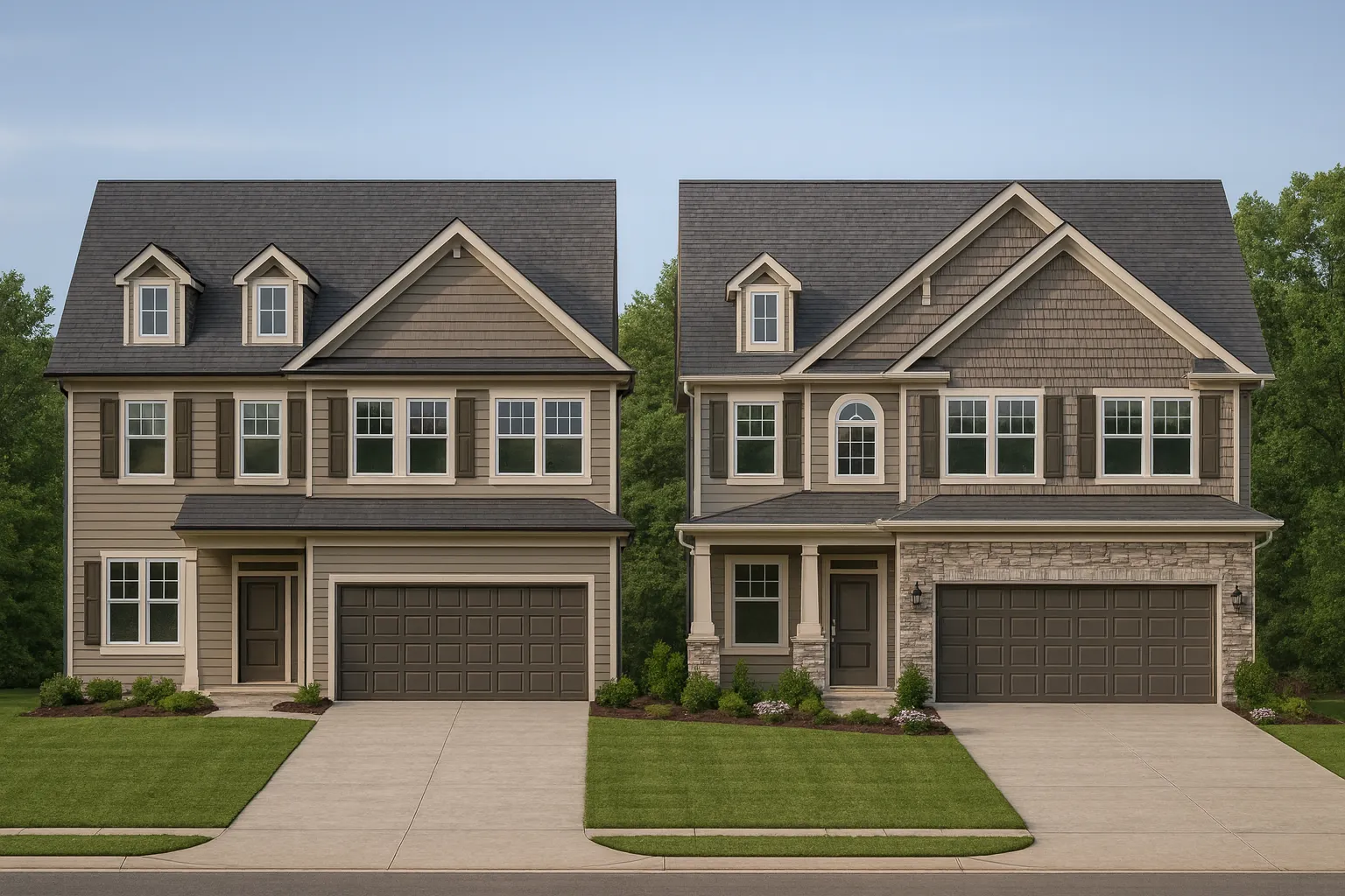 Front elevation of a Modern Farmhouse style home featuring board and batten siding, horizontal lap siding, stone accents, and black trim windows with a 2-car garage