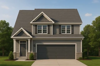 Front elevation of a Traditional Colonial style house with New American design influence, featuring horizontal siding, gabled rooflines, and a two-car garage