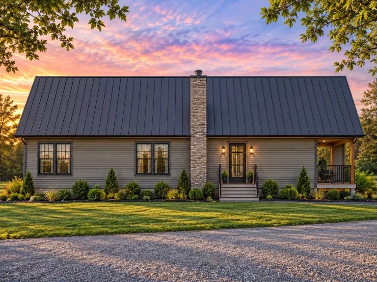Front elevation of a traditional ranch home with horizontal lap siding, central brick chimney, black shutters, and a small covered front porch entry