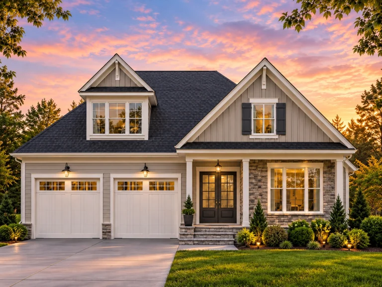 Front elevation of a Cape Cod style house featuring board and batten siding, stone accents, symmetrical gables, and an attached garage