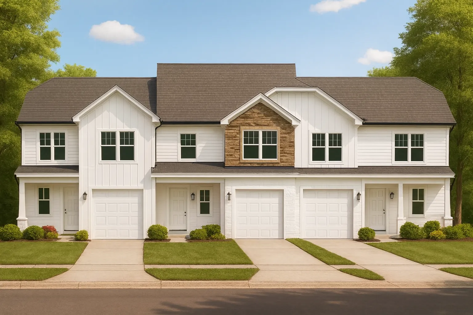 Front view of Modern Farmhouse style duplex featuring board and batten siding, brick and stone accents, and symmetrical garage entrances