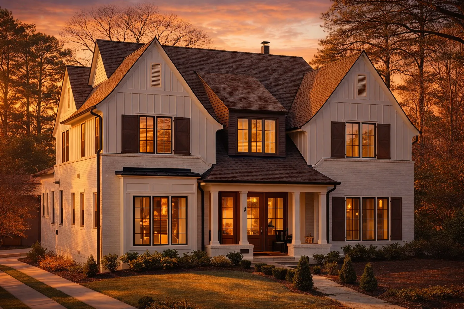 Front exterior of a New American Modern Traditional house featuring painted brick, board-and-batten siding, steep gabled rooflines, and warm evening lighting
