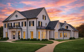 Front elevation of a Traditional Colonial style home with horizontal lap siding, classical columns, symmetrical windows, and refined Southern architectural details