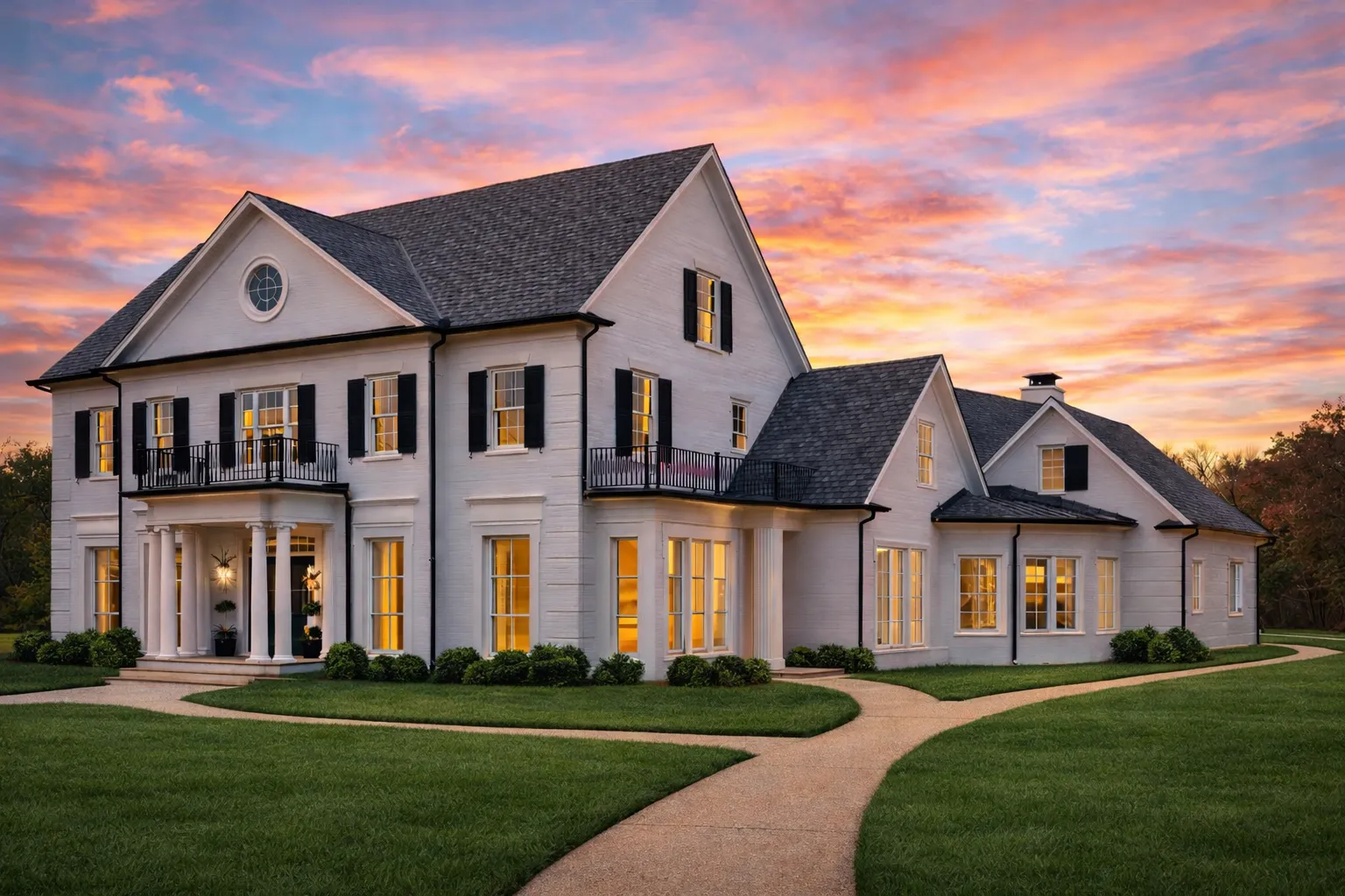 Front elevation of a Traditional Colonial style home with horizontal lap siding, classical columns, symmetrical windows, and refined Southern architectural details