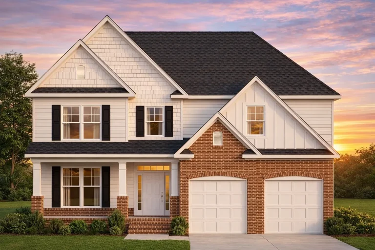 Front elevation of a New American modern traditional house with board and batten siding, stone accents, steep gable roof, and attached garage