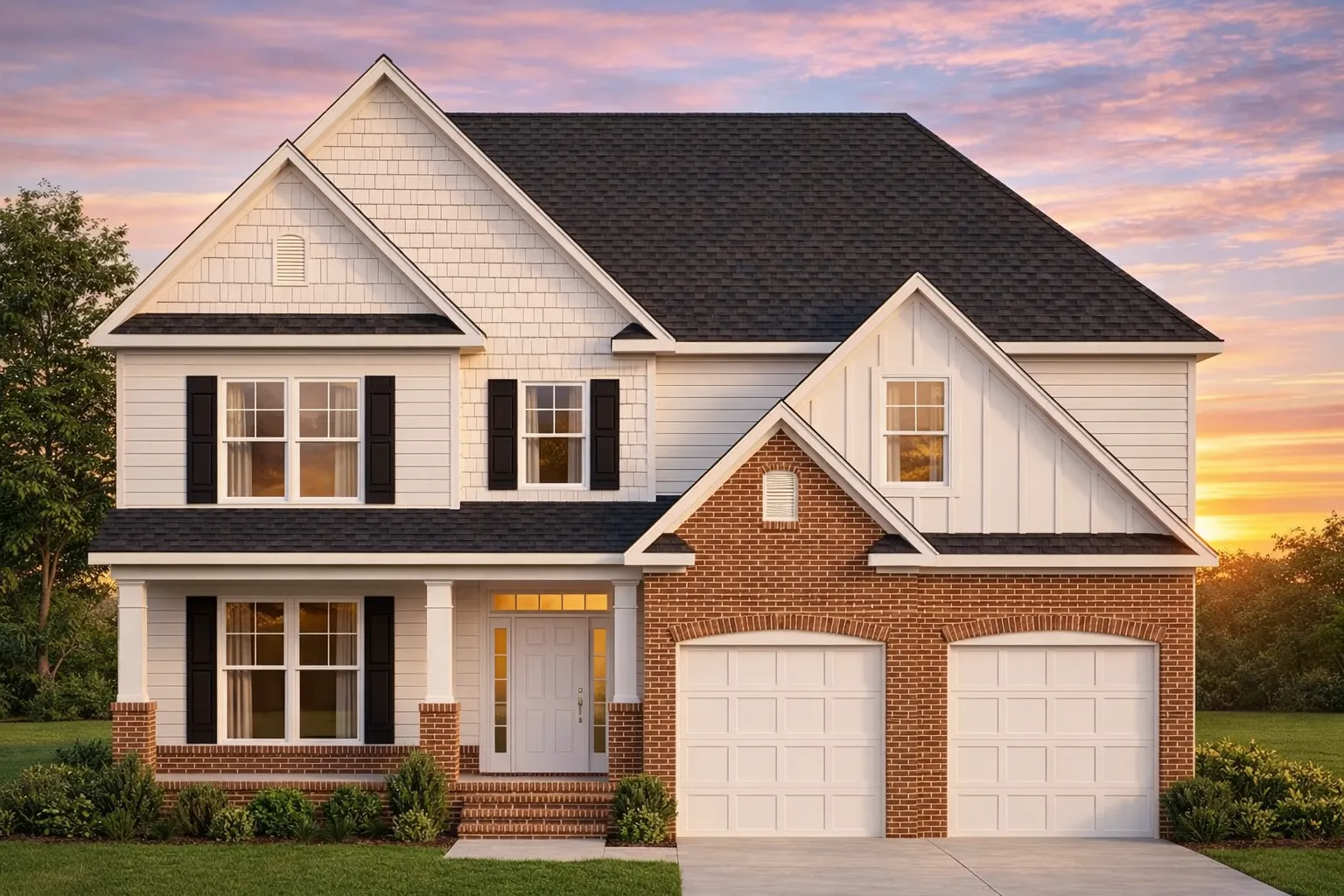 Front elevation of a New American modern traditional house with board and batten siding, stone accents, steep gable roof, and attached garage