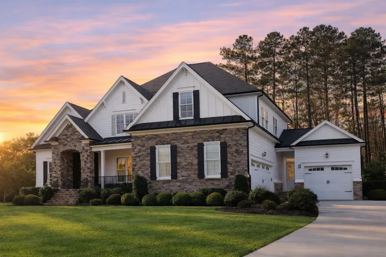 Front exterior view of a Traditional suburban home featuring brick and stone exterior, gabled rooflines, and refined European architectural detailing