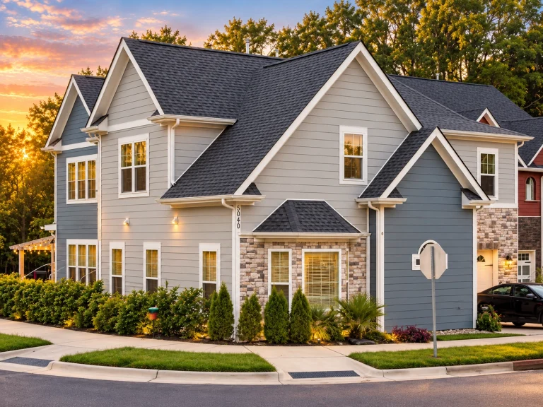 Front elevation of a Traditional Colonial style two-story home with white horizontal siding, shingle accents, stone base, and balanced window symmetry