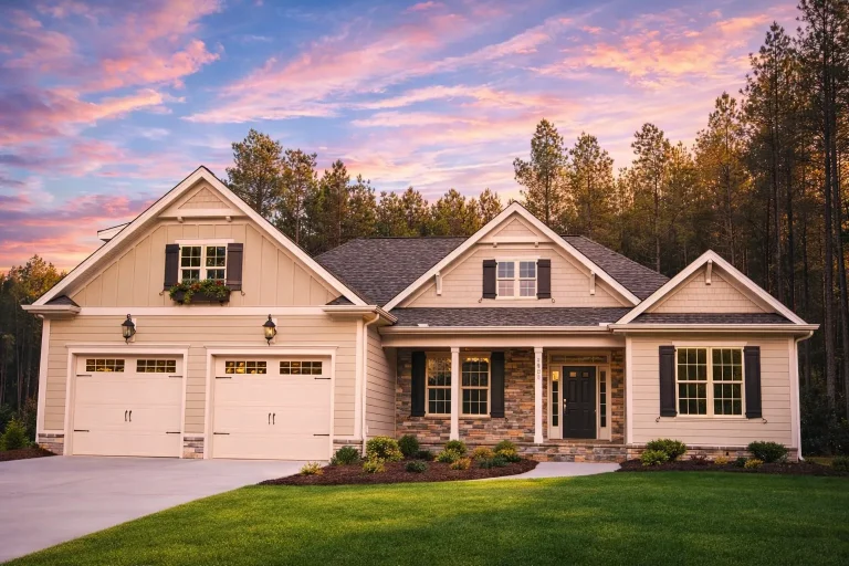 Front elevation of Traditional Ranch style home with horizontal lap siding, gable shake accents, shutters, and double garage