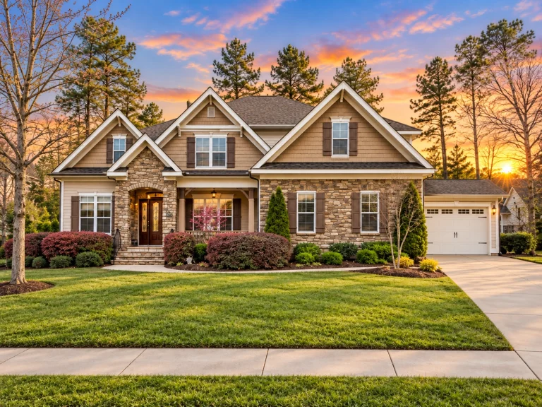 Traditional Craftsman House Plans 18 Front elevation of a New American modern traditional house featuring stone veneer, horizontal siding, symmetrical windows, and an attached garage