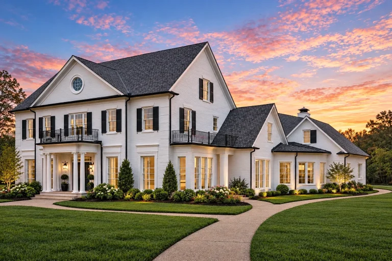 Front elevation of a Traditional Colonial style home with horizontal lap siding, classical columns, symmetrical windows, and refined Southern architectural details