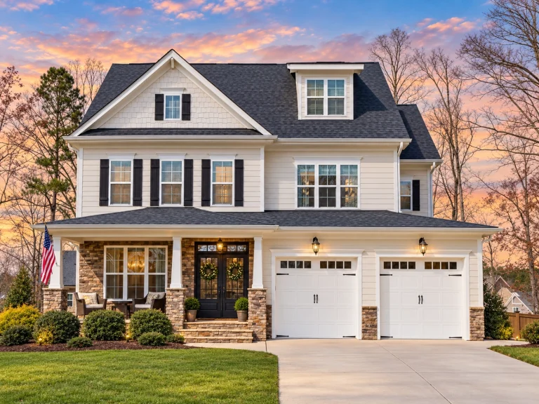 Front elevation of New American Traditional style home with horizontal lap siding, stone veneer base, gabled roof, and double garage