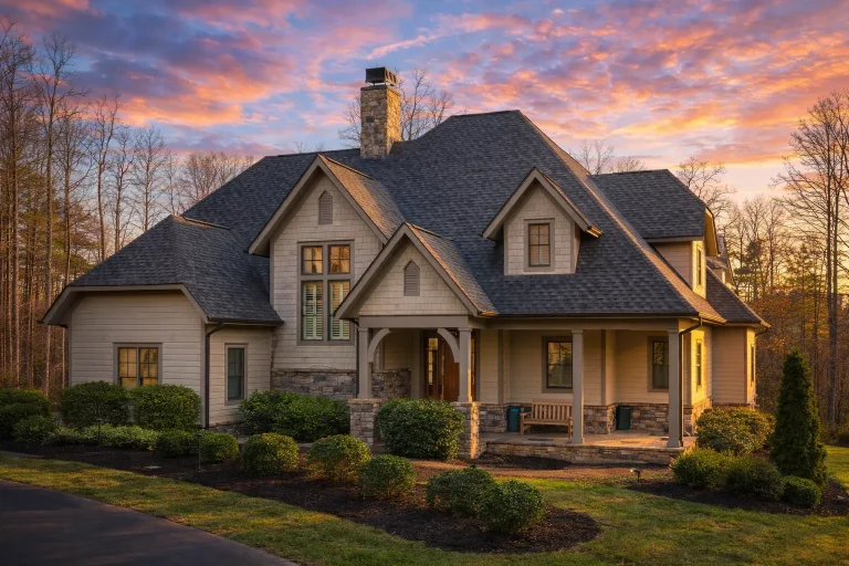 Front elevation of a Modern Farmhouse and New American style home featuring board and batten siding, stone accents, and steep gable rooflines
