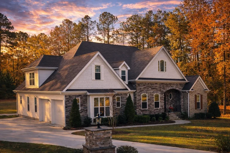 Front elevation of a New American style home with stone veneer, horizontal siding, gabled rooflines, and symmetrical window design