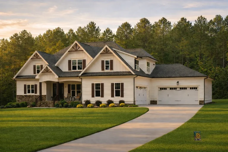Front elevation of a Modern Farmhouse style home featuring white board and batten siding, stone accents, gabled rooflines, and a covered front porch