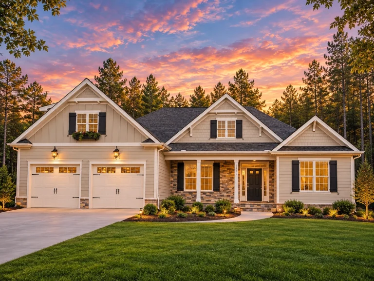 Split Garage House Plans 21 Front elevation of Traditional Ranch style home with horizontal lap siding, gable shake accents, shutters, and double garage