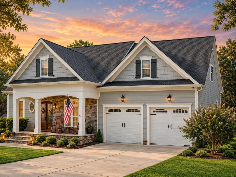 Front exterior of a New American Traditional style house with horizontal siding, stone porch columns, covered entry, and attached two-car garage