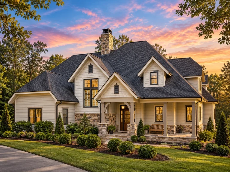 Front elevation of a Modern Farmhouse and New American style home featuring board and batten siding, stone accents, and steep gable rooflines
