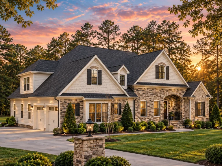 Front elevation of a New American style home with stone veneer, horizontal siding, gabled rooflines, and symmetrical window design