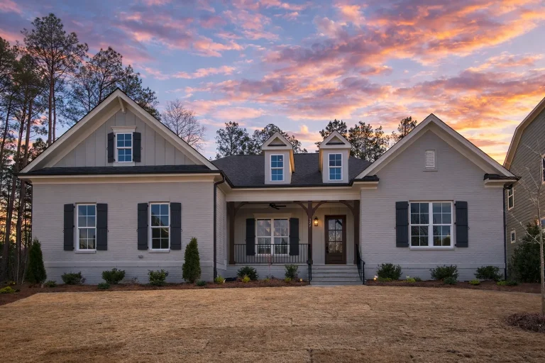 Front elevation of a New American modern traditional ranch house with horizontal lap siding, board-and-batten gables, stone veneer wainscot, and a covered porch