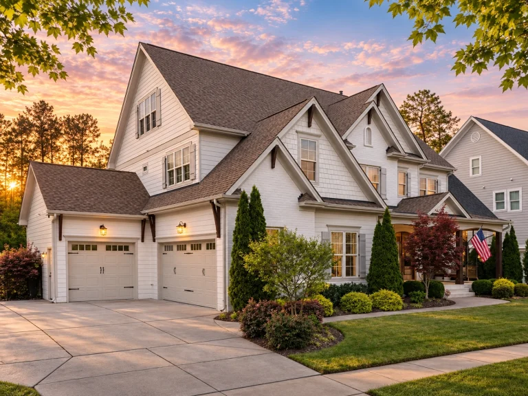 Front elevation of Traditional Colonial style home with horizontal lap siding, stone veneer accents, gabled rooflines, and symmetrical windows
