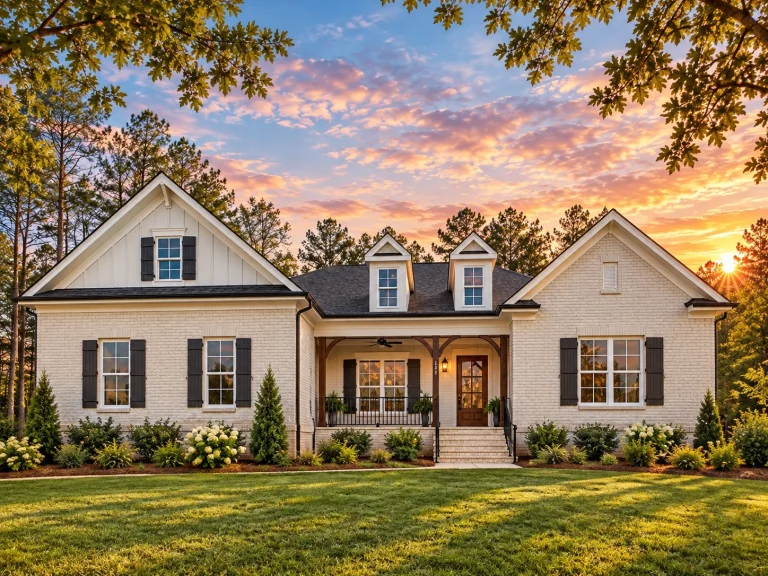 Front elevation of a New American modern traditional ranch house with horizontal lap siding, board-and-batten gables, stone veneer wainscot, and a covered porch