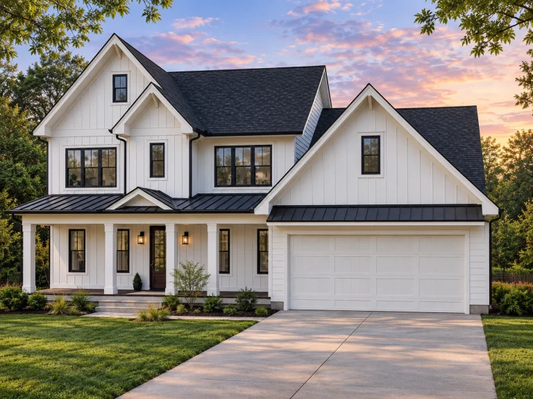 Front elevation of a Modern Farmhouse style home featuring white board and batten siding, black metal porch roof, gabled rooflines, and an attached two-car garage