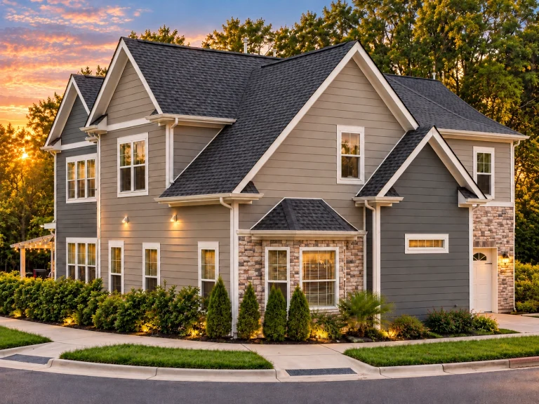 Conventional House Plans 6 Front elevation of a Traditional Colonial style two-story home with white horizontal siding, shingle accents, stone base, and balanced window symmetry