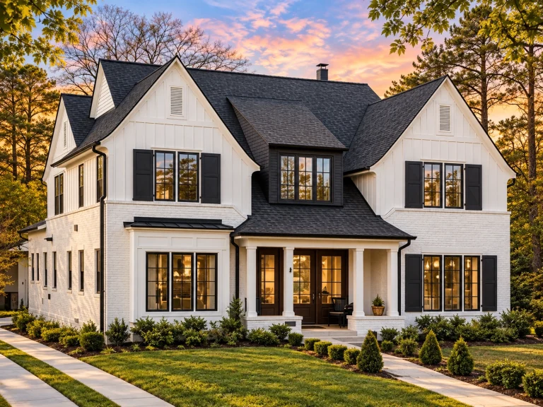 Front exterior of a New American Modern Traditional house featuring painted brick, board-and-batten siding, steep gabled rooflines, and warm evening lighting