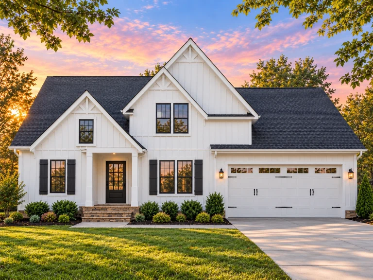 Front elevation of a modern farmhouse style home featuring board and batten siding, stone accents, steep gable rooflines, and symmetrical windows