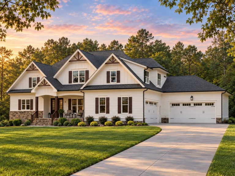 Front elevation of a Modern Farmhouse style home featuring white board and batten siding, stone accents, gabled rooflines, and a covered front porch