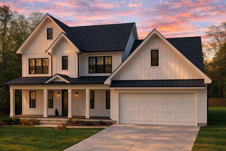 Front elevation of a Modern Farmhouse style home featuring white board and batten siding, black metal porch roof, gabled rooflines, and an attached two-car garage