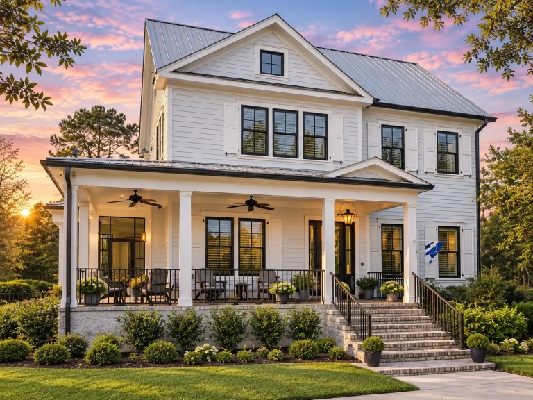 Simple House Plans 18 Front elevation of a Coastal Farmhouse style home featuring board and batten siding, metal roof accents, and a wide Low Country front porch