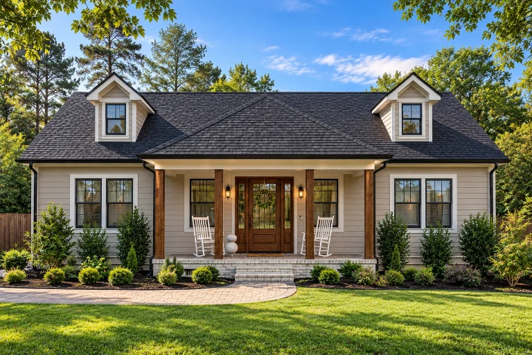 Front elevation of Cape Cod cottage style home with lap siding, symmetrical dormers, and covered front porch