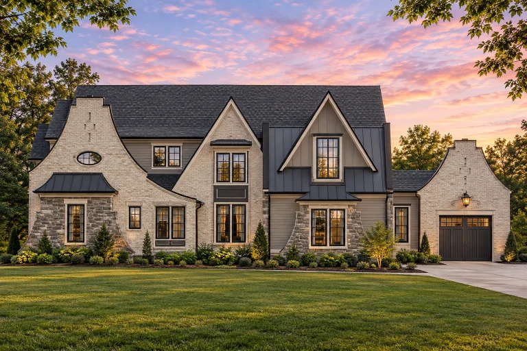 Front elevation of a French Country style home featuring painted brick, board and batten siding, steep gables, and refined European detailing