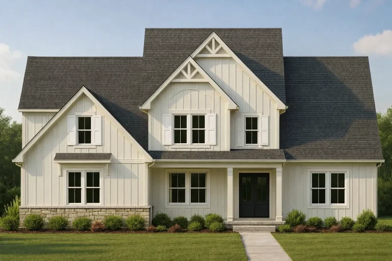 Front elevation of a modern farmhouse style home featuring board and batten siding, stone accents, steep gable rooflines, and symmetrical windows