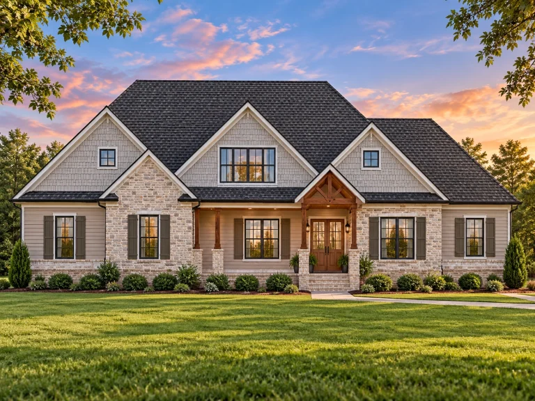 Front elevation of a New American traditional ranch style home with stone accents, horizontal siding, gabled rooflines, and covered entry