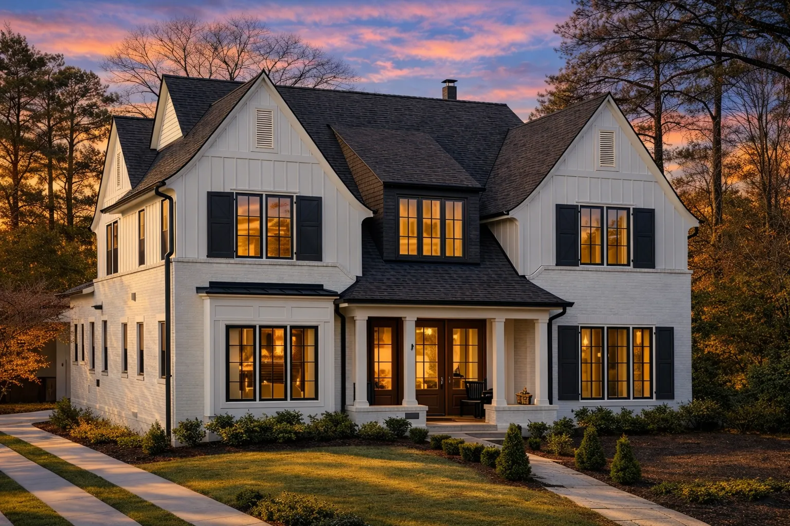 Front exterior of a New American Modern Traditional house featuring painted brick, board-and-batten siding, steep gabled rooflines, and warm evening lighting