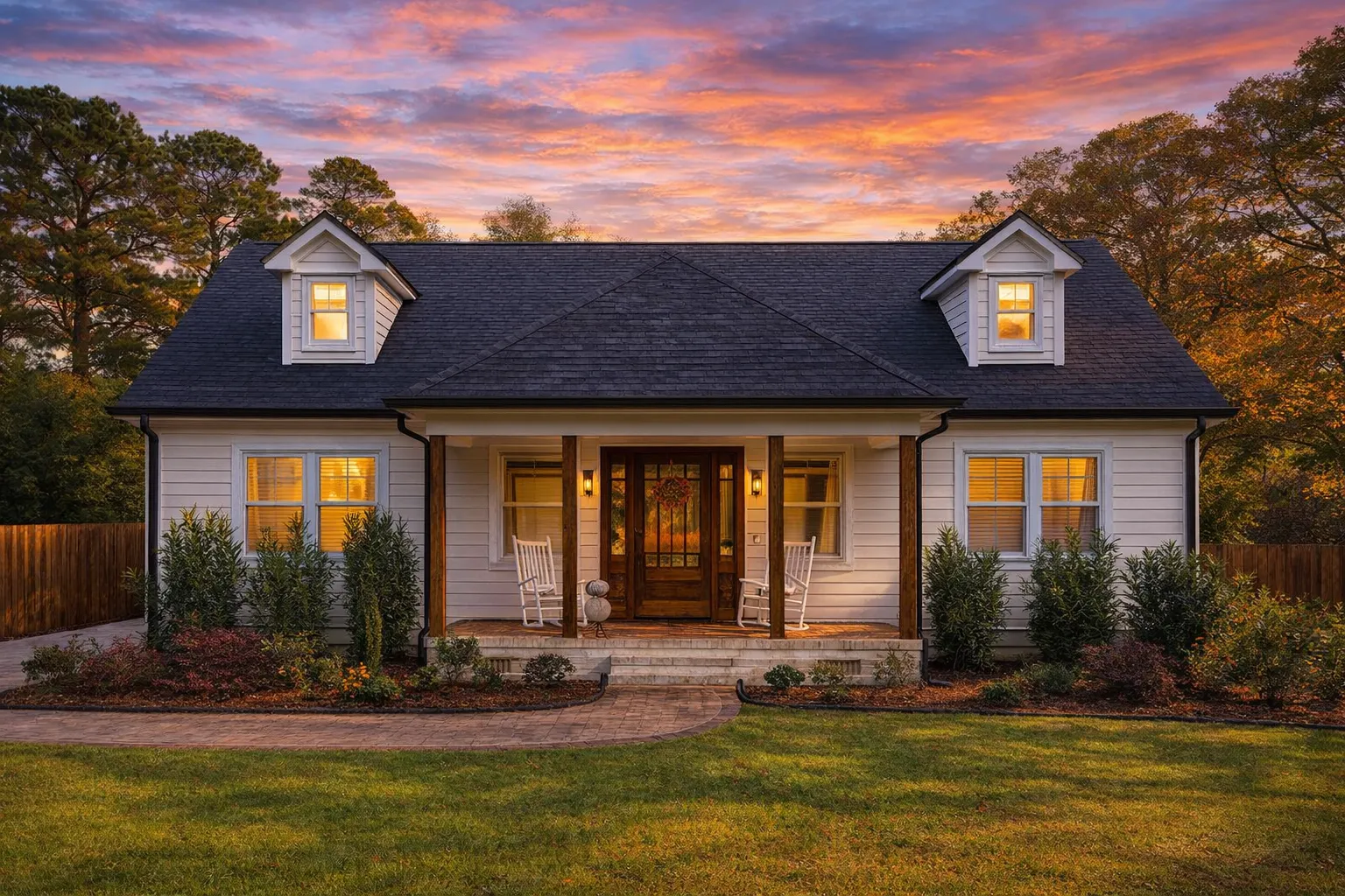 Front elevation of Cape Cod cottage style home with lap siding, symmetrical dormers, and covered front porch
