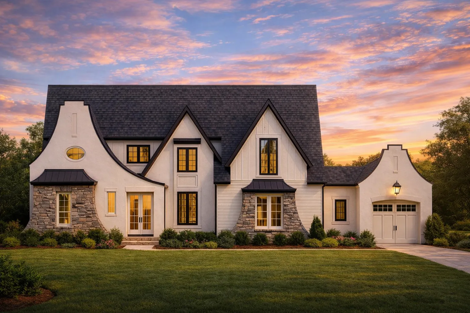 Front elevation of a French Country style home featuring painted brick, board and batten siding, steep gables, and refined European detailing