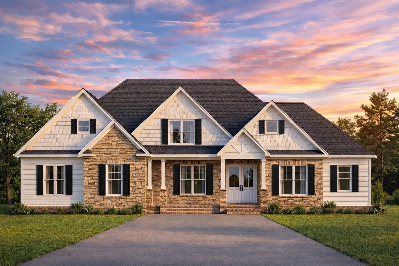 Front elevation of a New American traditional ranch style home with stone accents, horizontal siding, gabled rooflines, and covered entry