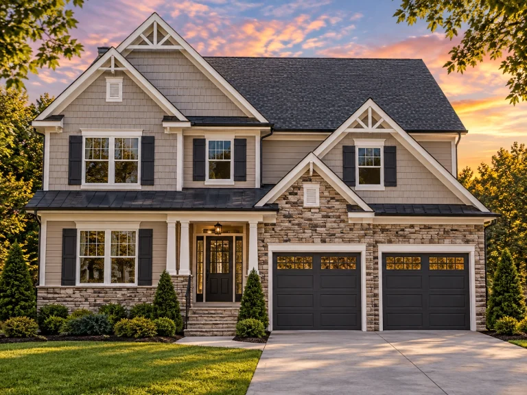 Front elevation of a New American modern traditional house with board and batten siding, stone accents, steep gable roof, and attached garage
