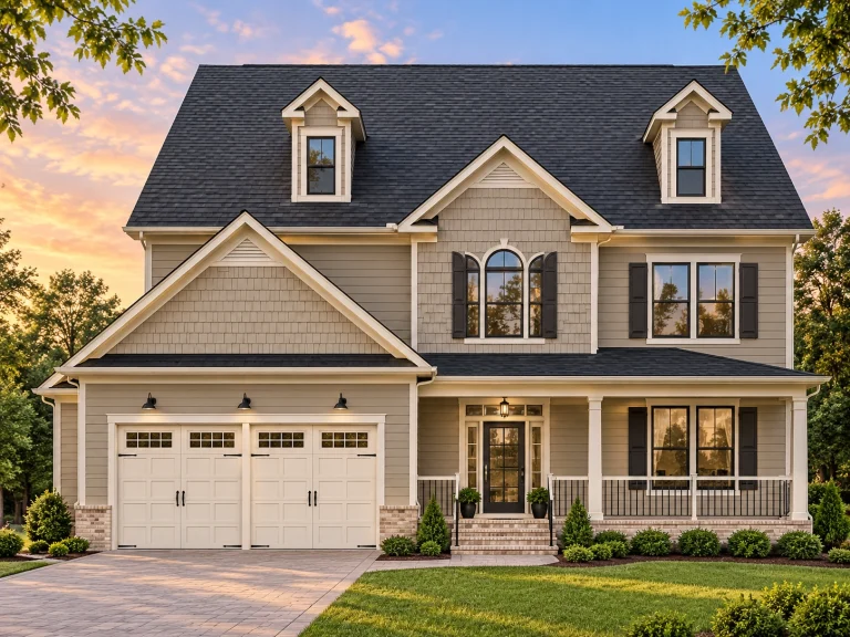 House Plans with Outdoor Kitchen 3 Front elevation of a Traditional Colonial style home featuring stone and horizontal siding, black shutters, and a covered front porch