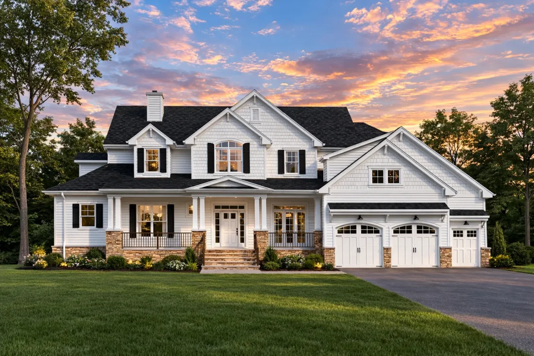 Front elevation of a New American style suburban house featuring lap siding, shingle accents, covered front porch, and three-car garage