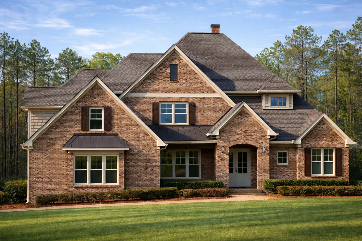 Triplex House Plans 5 Front elevation of a New American Traditional brick home with symmetrical gables, covered entry, and classic suburban curb appeal