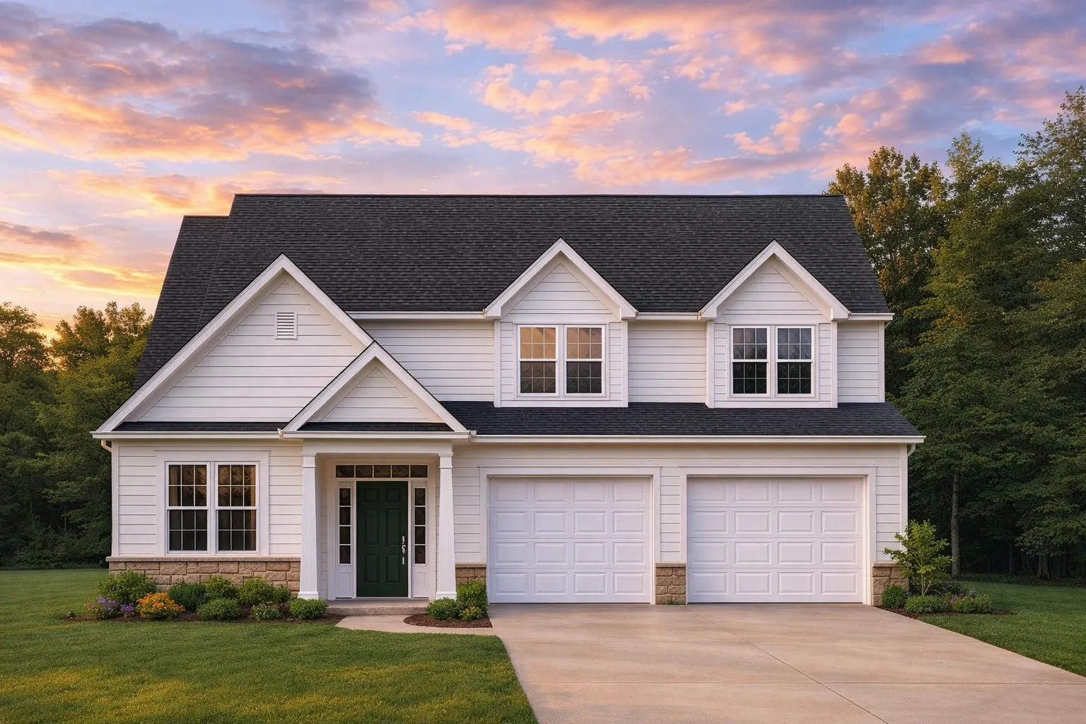 Front view of a Traditional Colonial style home featuring horizontal lap siding, stone accents, symmetrical windows, and a two-car garage