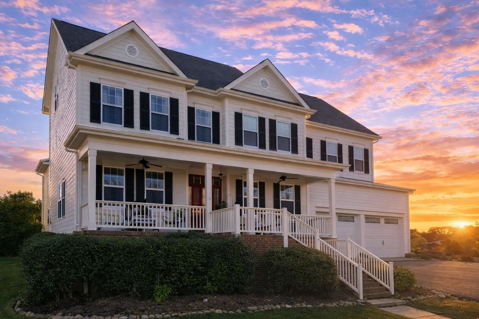 Front elevation of a Traditional Colonial style home with white lap siding, black shutters, gabled rooflines, and an attached two-car garage