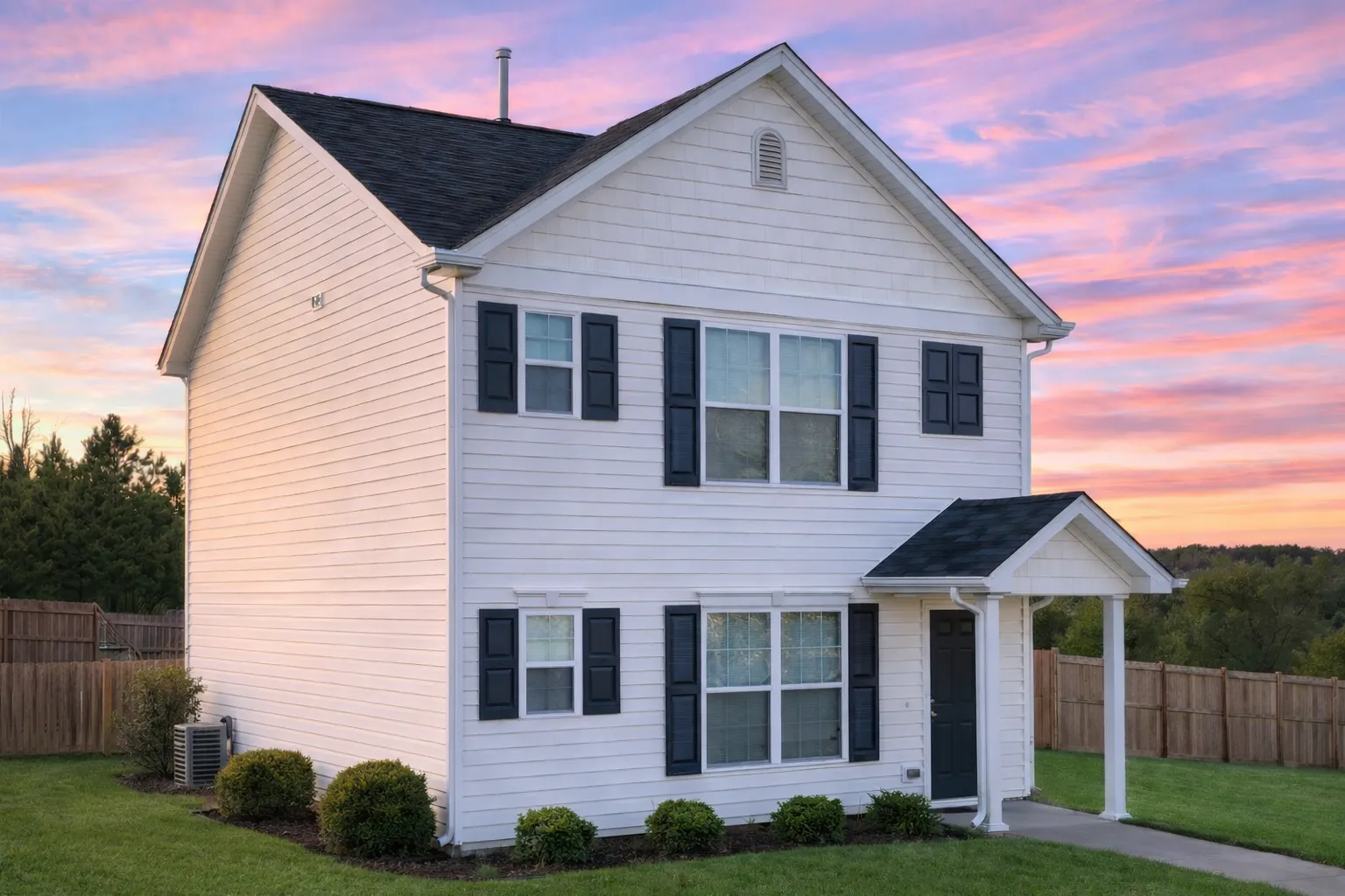 Front view of a Traditional Colonial style home featuring symmetrical windows, black shutters, and horizontal siding exterior
